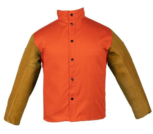5402 PREMIUM MEDIUM WEIGHT FR ORANGE 30" JACKET W/LEATHER SLEEVES.